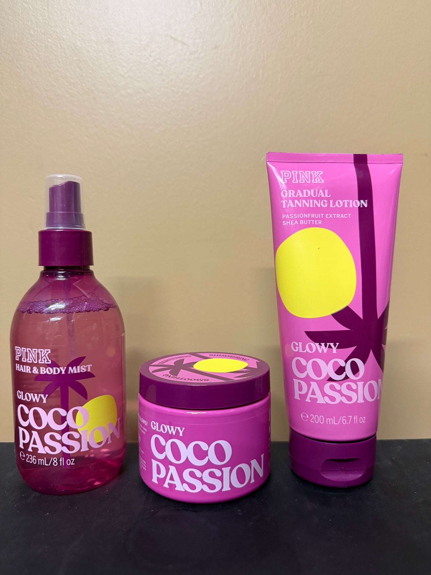 Set of 3 Victoria’s Secret Glowy Coco Passion Gradual Tanning Lotion, Body Butter and Hair & Body Mist