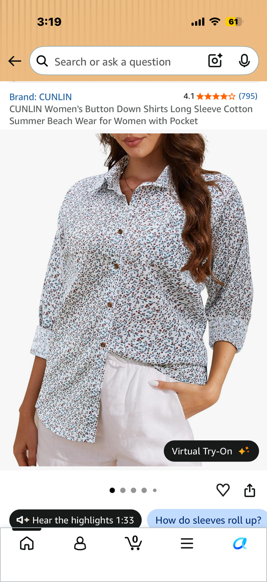 CUNLIN Women's Button Down Shirts Long Sleeve Cotton Summer Beach Wear for Women with Pocket (Size Medium)