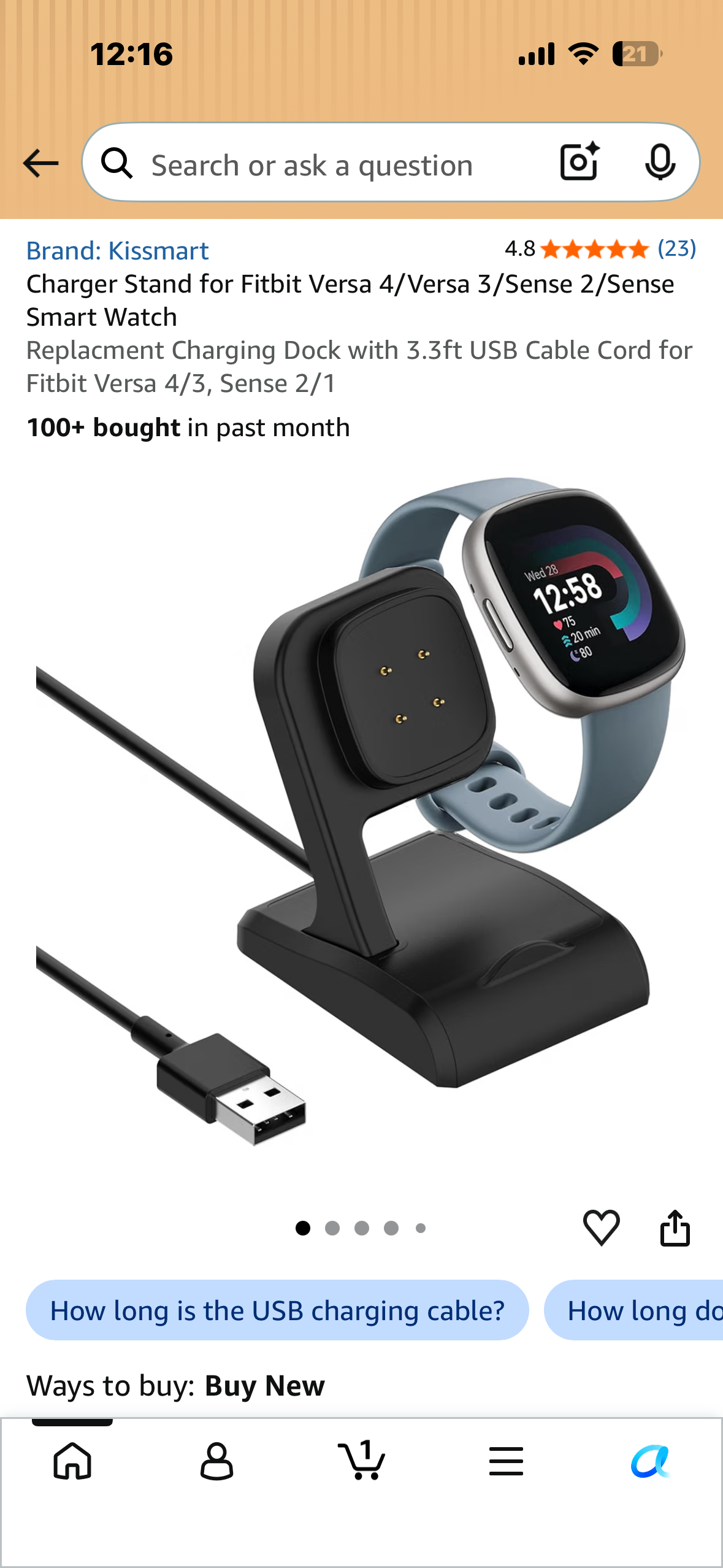 Charger Stand for Fitbit Versa 4/Versa 3/Sense 2/Sense Smart Watch Replacment Charging Dock with 3.3ft USB Cable Cord for Fitbit Versa 4/3, Sense 2/1