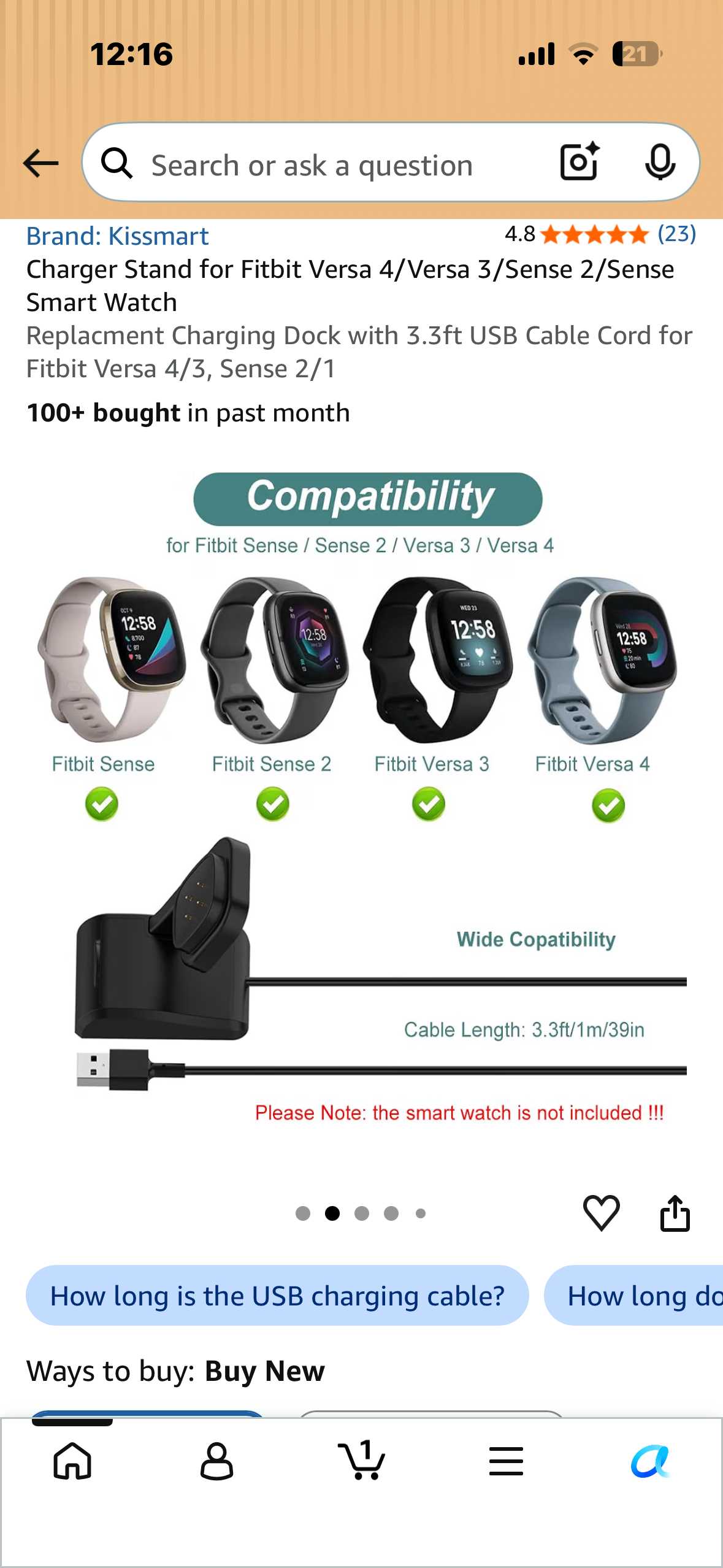 Charger Stand for Fitbit Versa 4/Versa 3/Sense 2/Sense Smart Watch Replacment Charging Dock with 3.3ft USB Cable Cord for Fitbit Versa 4/3, Sense 2/1
