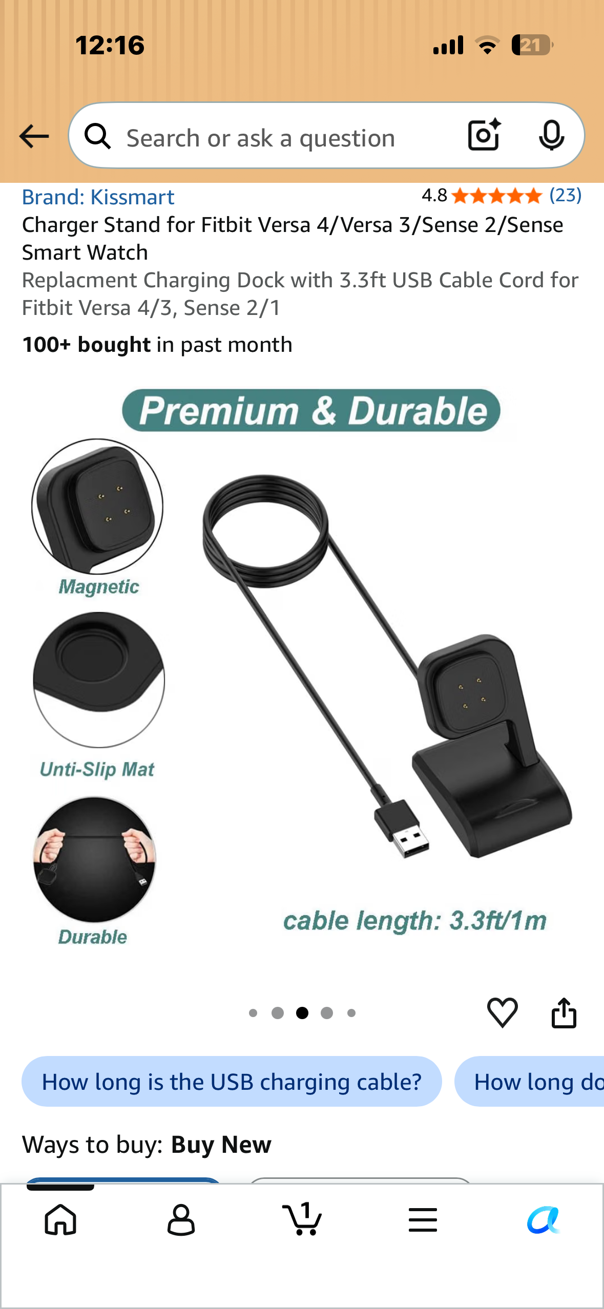 Charger Stand for Fitbit Versa 4/Versa 3/Sense 2/Sense Smart Watch Replacment Charging Dock with 3.3ft USB Cable Cord for Fitbit Versa 4/3, Sense 2/1