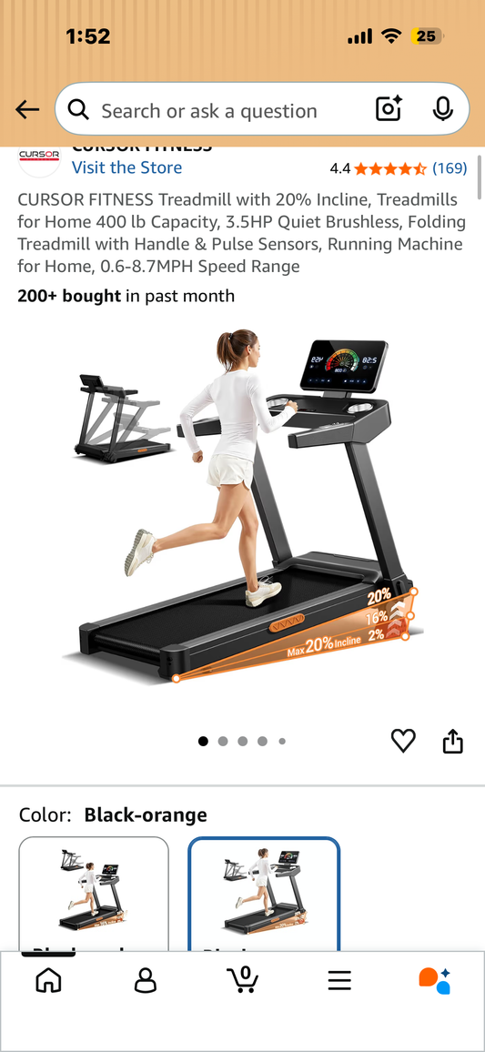CURSOR FITNESS Treadmill with 20% Incline, 400 lb Capacity, 3.5HP Brushless Motor, Folding Treadmill with Handle & Pulse Sensors, 0.6-8.7MPH Speed Range (W664)