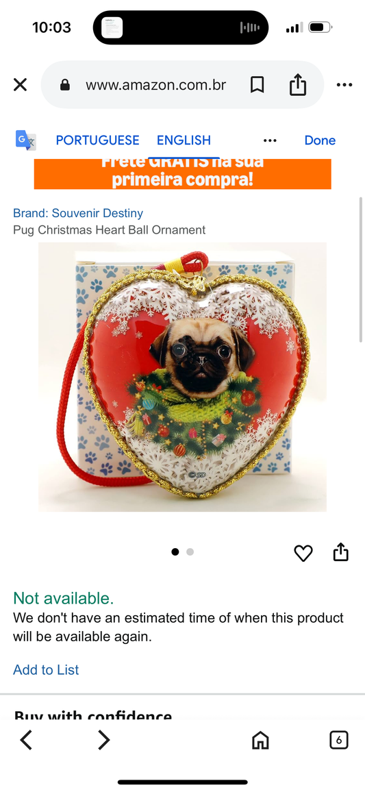 Pug Christmas Heart Ball Ornament
