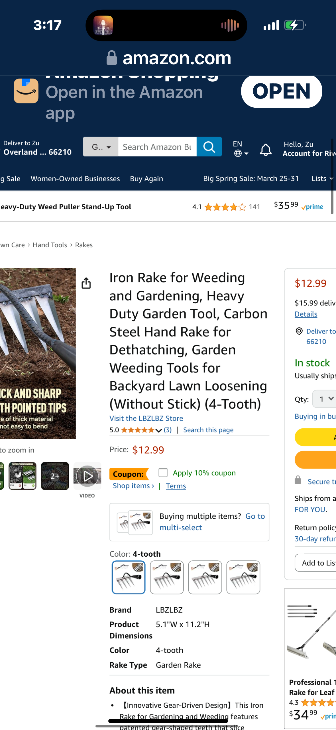 Heavy Duty Rake 4 Toothed Steel,Iron Rake for Gardening and Weeding - Heavy Duty Garden Tool, Carbon Steel Hand Rake for Sturdy Dethatching