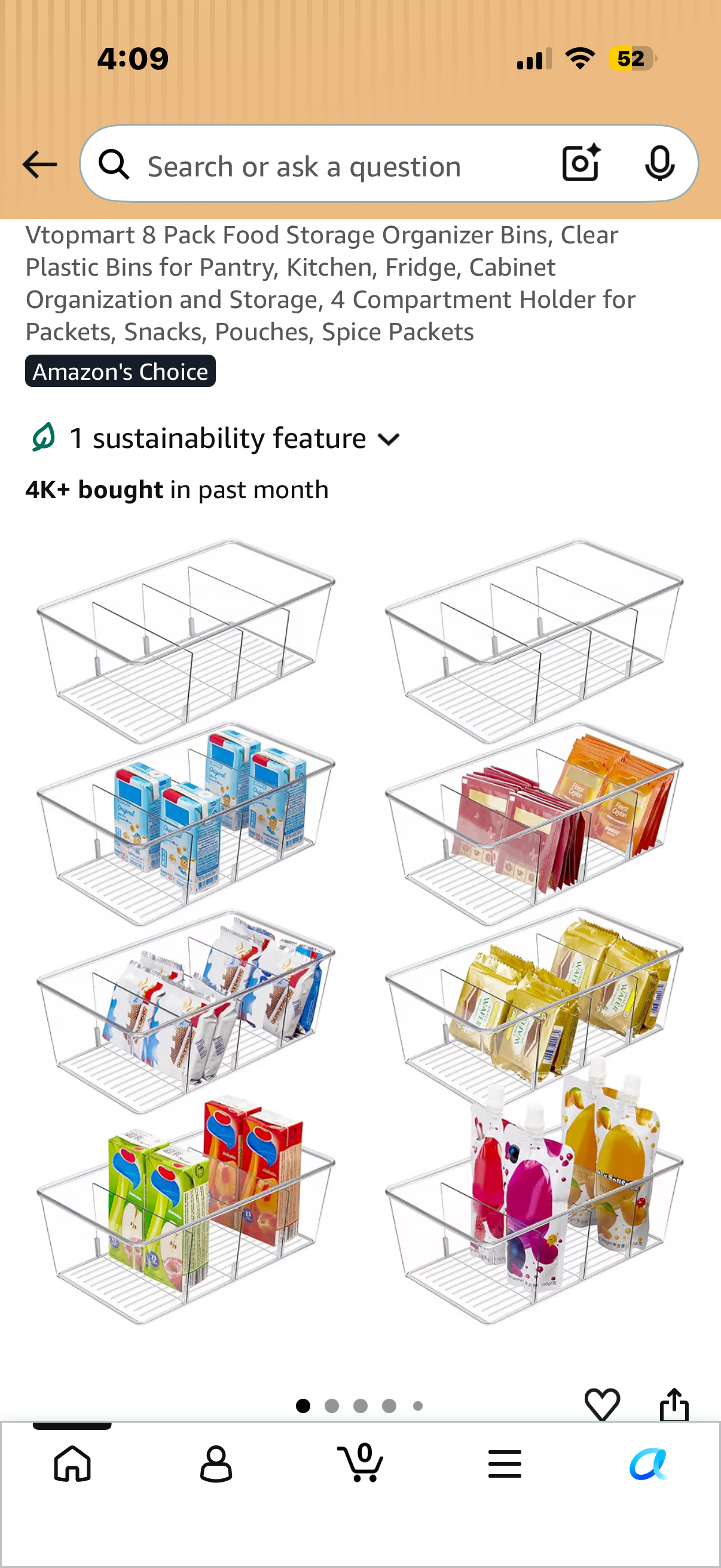 8 Pack Food Storage Organizer Bins, Clear Plastic Bins for Pantry, Kitchen, Fridge, Cabinet Organization and Storage, 4 Compartment Holder for Packets, Snacks, Pouches, Spice Packets
