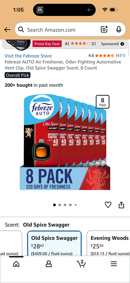 Febreze AUTO Air Freshener, Odor-Fighting Automotive Vent Clip, Old Spice Swagger Scent, 8 Count