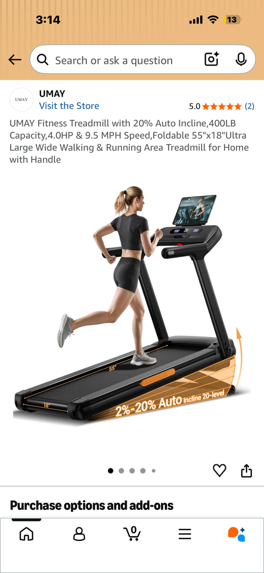 UMAY Fitness Treadmill with 20% Auto Incline, 400LB Capacity, 4.0HP & 9.5 MPH Speed, Foldable 55"x18"Ultra Large Wide Walking & Running Area (W665)