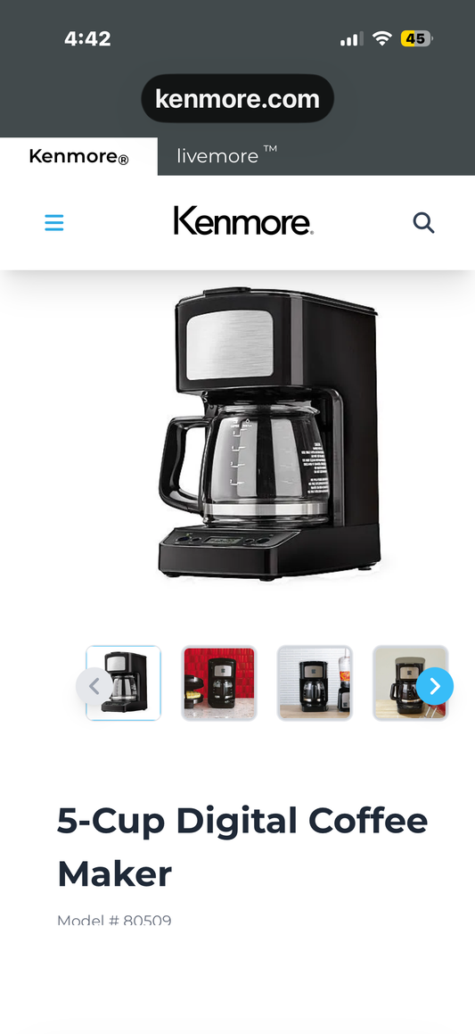 Kenmore Perk 5-Cup Mini Drip Coffee Maker, Black and Stainless Steel