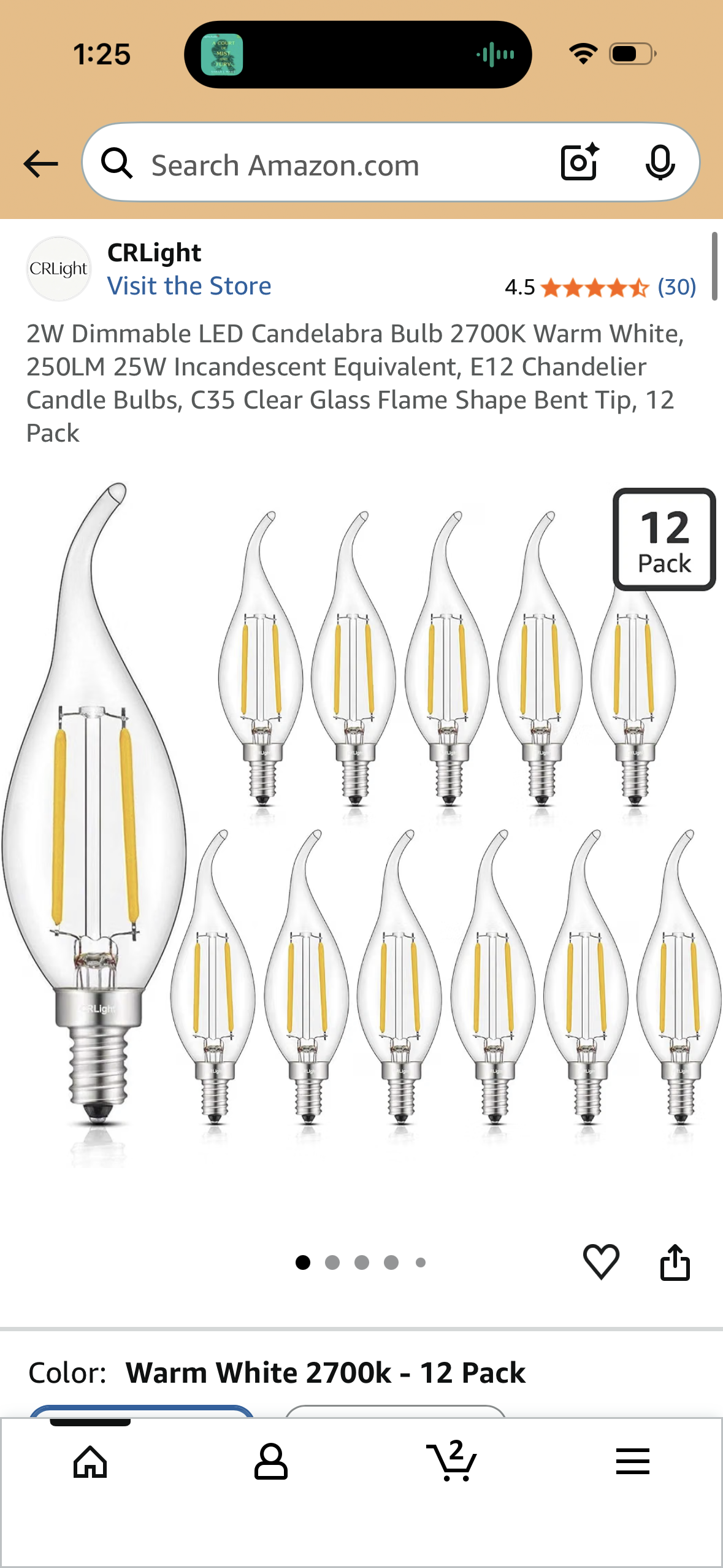 2W Dimmable LED Candelabra Bulb 2700K Warm White, 250LM 25W Incandescent Equivalent, E12 Chandelier Candle Bulbs, C35 Clear Glass Flame Shape Bent Tip, 12 Pack