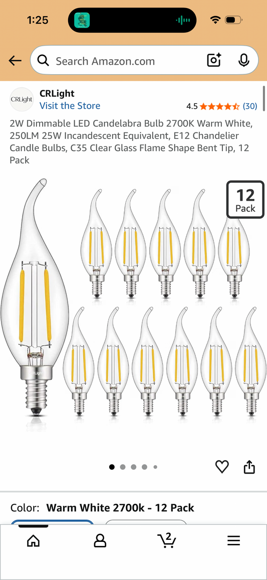 2W Dimmable LED Candelabra Bulb 2700K Warm White, 250LM 25W Incandescent Equivalent, E12 Chandelier Candle Bulbs, C35 Clear Glass Flame Shape Bent Tip, 12 Pack