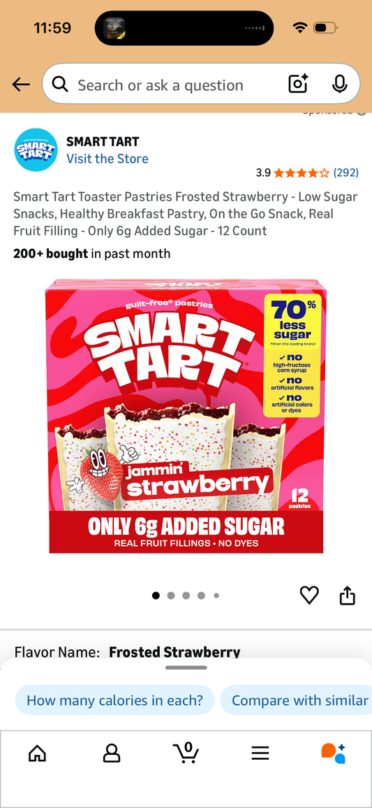 Smart Tart Toaster Pastries Frosted Strawberry - Low Sugar Snacks, Healthy Breakfast Pastry, On the Go Snack, Real Fruit Filling - Only 6g Added Sugar - 12 Count