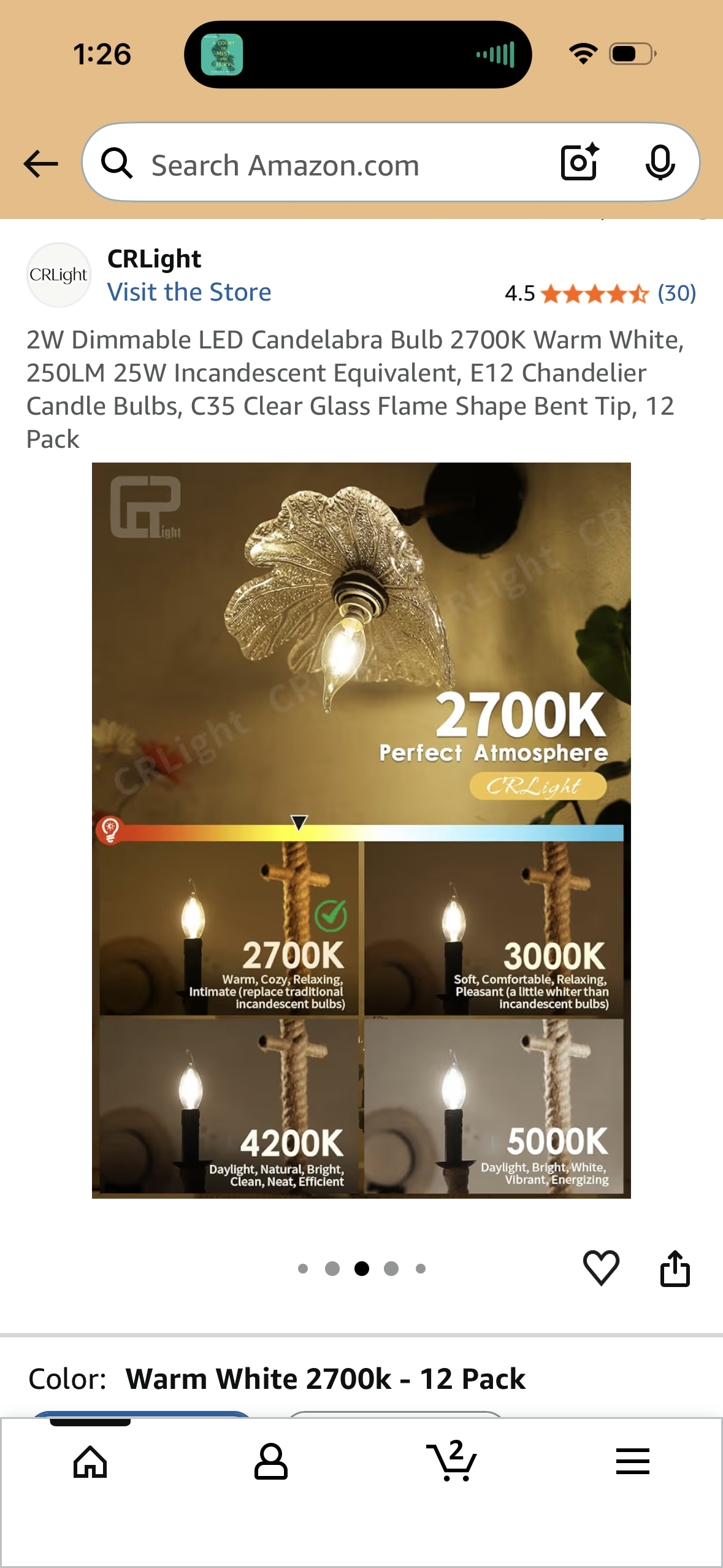 2W Dimmable LED Candelabra Bulb 2700K Warm White, 250LM 25W Incandescent Equivalent, E12 Chandelier Candle Bulbs, C35 Clear Glass Flame Shape Bent Tip, 12 Pack