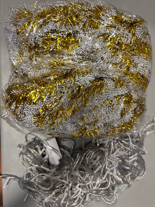 Liliful 100 ft Christmas Tinsel Garland with Plug in 300 LED Lights Metallic Garland Hanging Foil Christmas Garland with Multi Colored Lights for Xmas Tree Wedding Party Supplies, Gold