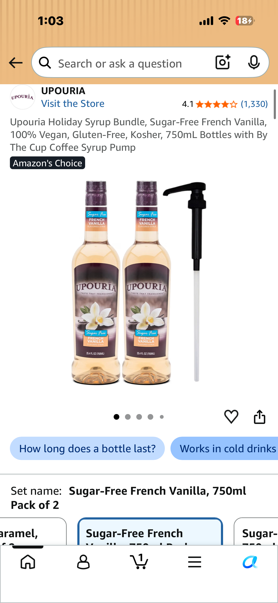 Upouria Holiday Syrup Bundle, Sugar-Free French Vanilla, 100% Vegan, Gluten-Free, Kosher, 750mL Bottles with By The Cup Coffee Syrup Pump