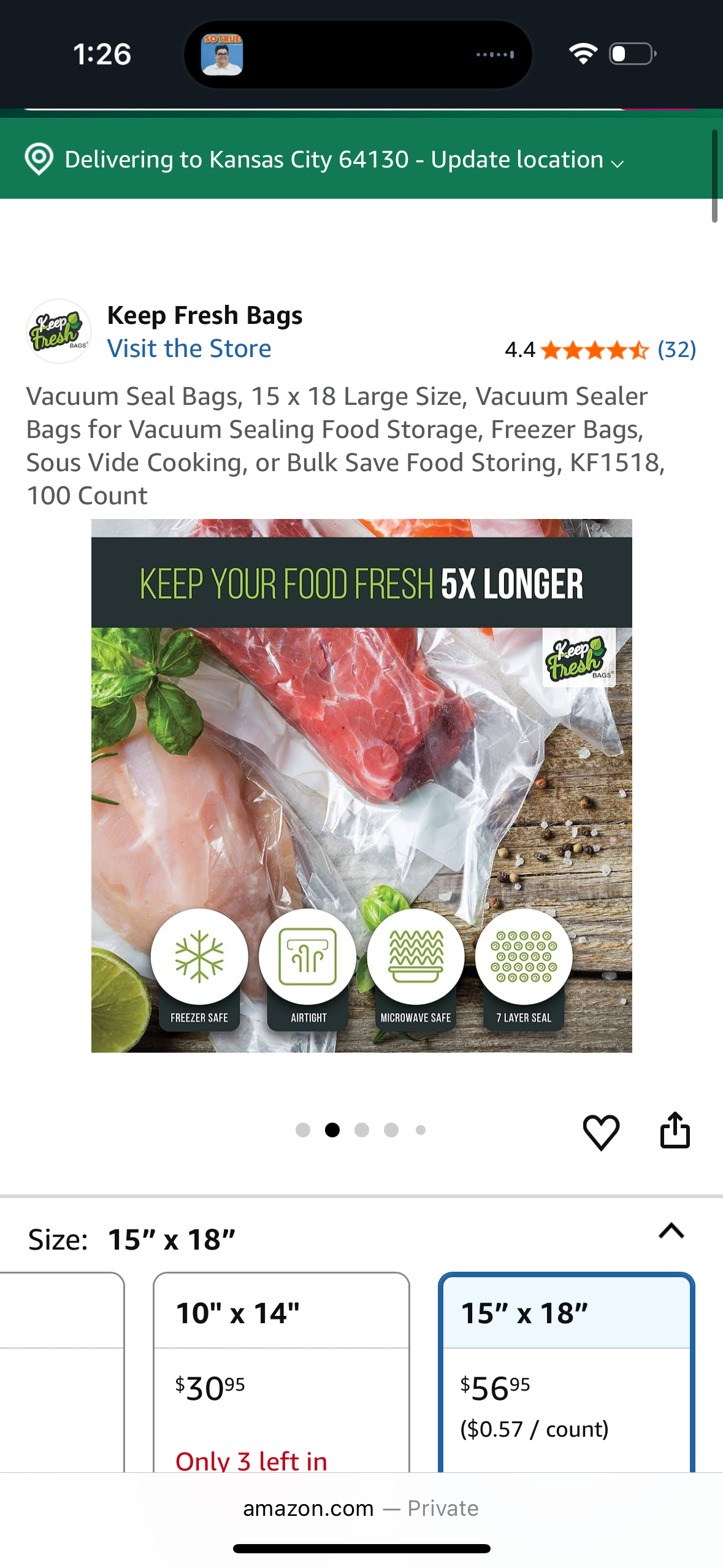 Vacuum Seal Bags, 15 x 18 Large Size, Vacuum Sealer Bags for Vacuum Sealing Food Storage, Freezer Bags, Sous Vide Cooking, or Bulk Save Food Storing, KF1518, 100 Count