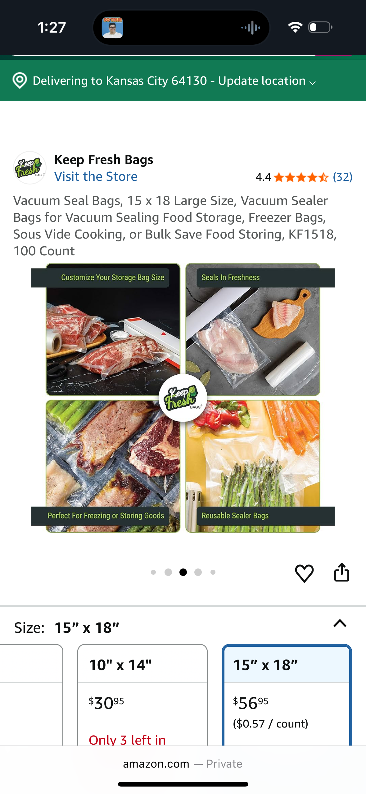 Vacuum Seal Bags, 15 x 18 Large Size, Vacuum Sealer Bags for Vacuum Sealing Food Storage, Freezer Bags, Sous Vide Cooking, or Bulk Save Food Storing, KF1518, 100 Count