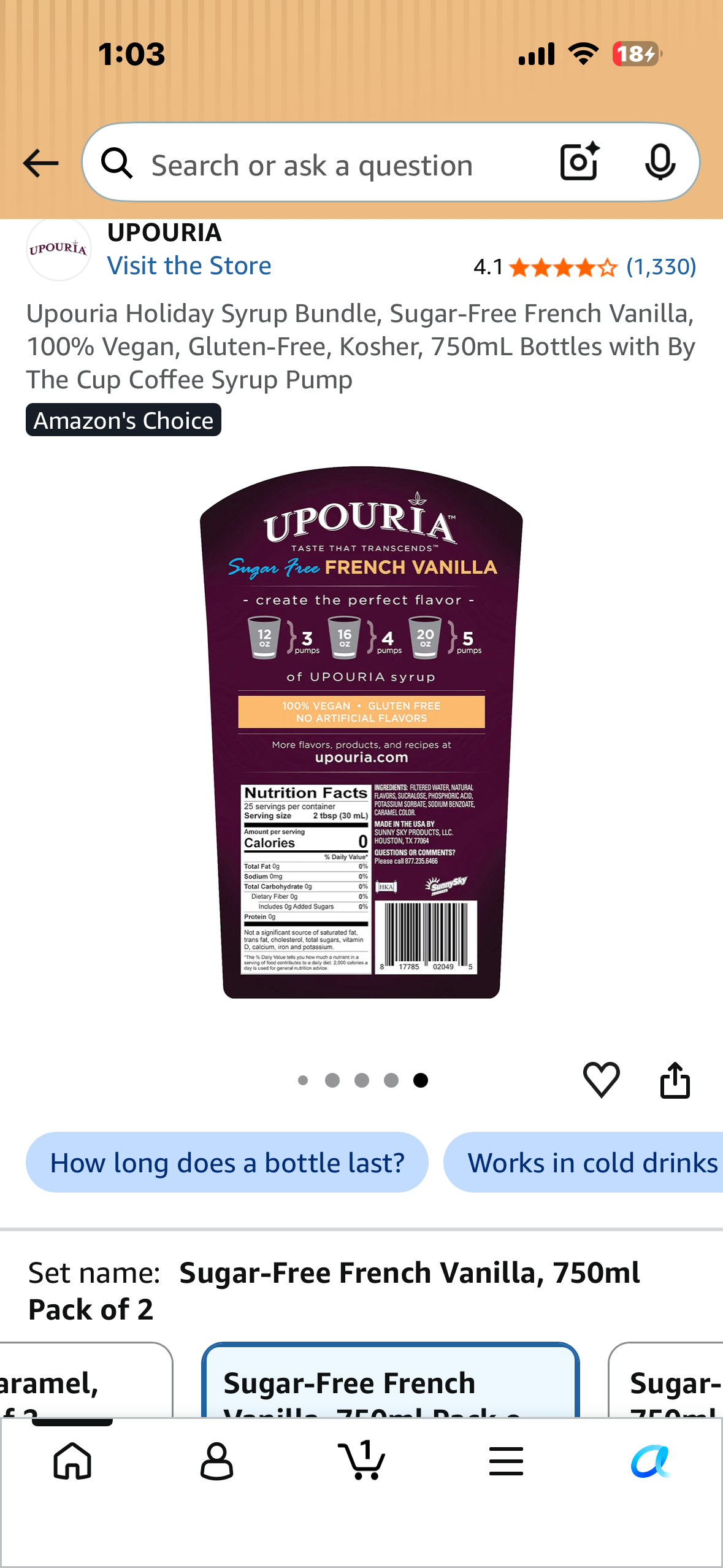 Upouria Holiday Syrup Bundle, Sugar-Free French Vanilla, 100% Vegan, Gluten-Free, Kosher, 750mL Bottles with By The Cup Coffee Syrup Pump