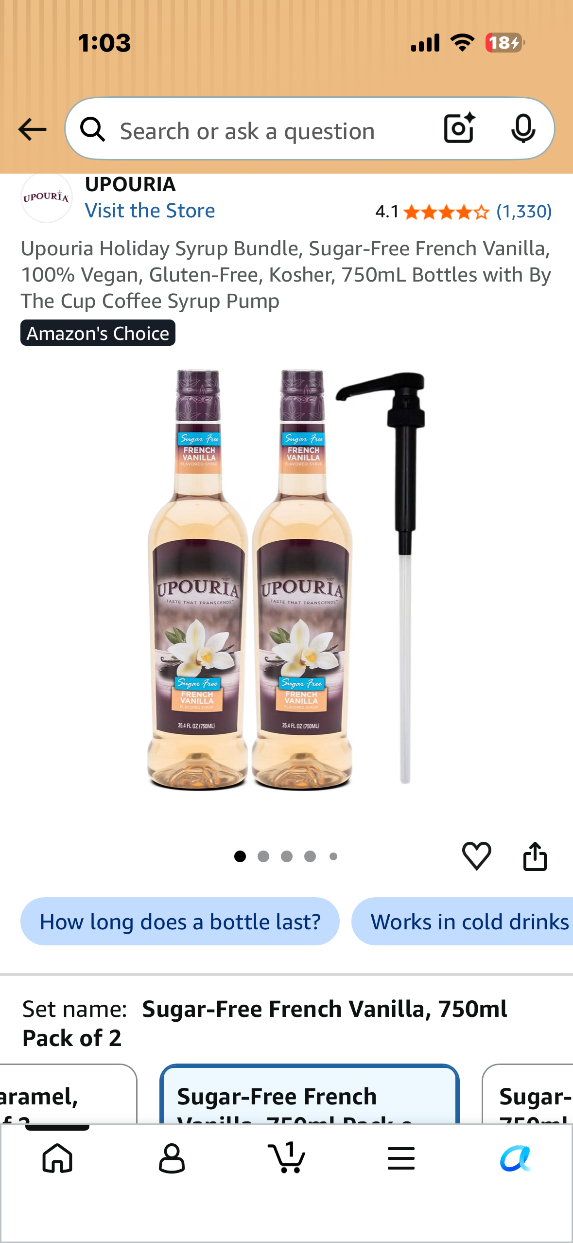 Upouria Holiday Syrup Bundle, Sugar-Free French Vanilla, 100% Vegan, Gluten-Free, Kosher, 750mL Bottles with By The Cup Coffee Syrup Pump
