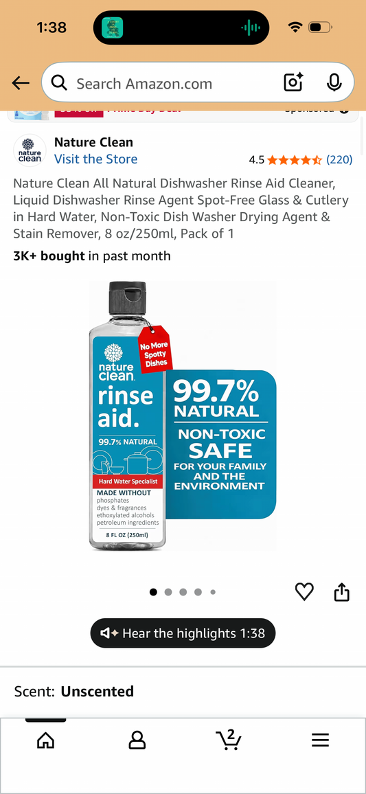 Nature Clean All Natural Dishwasher Rinse Aid Cleaner, Liquid Dishwasher Rinse Agent Spot-Free Glass & Cutlery in Hard Water, Non-Toxic Dish Washer Drying Agent & Stain Remover, 8 oz/250ml, Pack of 1