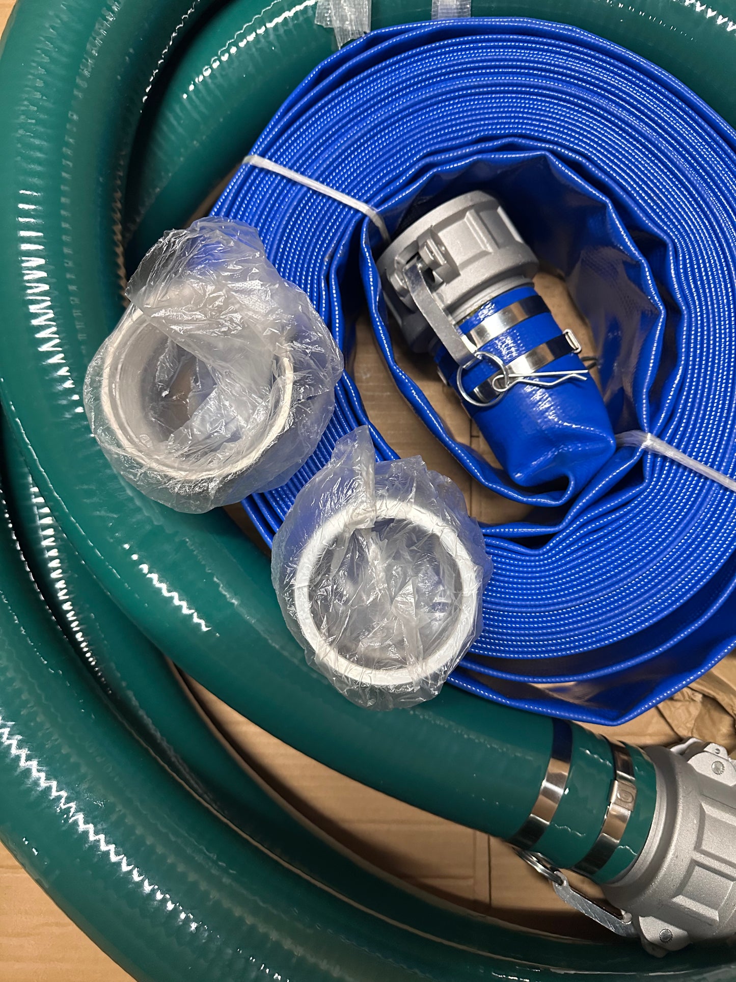 3 Inch Suction Hose Pump kit, Includes 3" x 65' Blue PVC Backwash Hose, 3" x 20' Green PVC Suction Hose, Steel Round Hole Suction Strainer, Cam and Groove Adapter (G881)