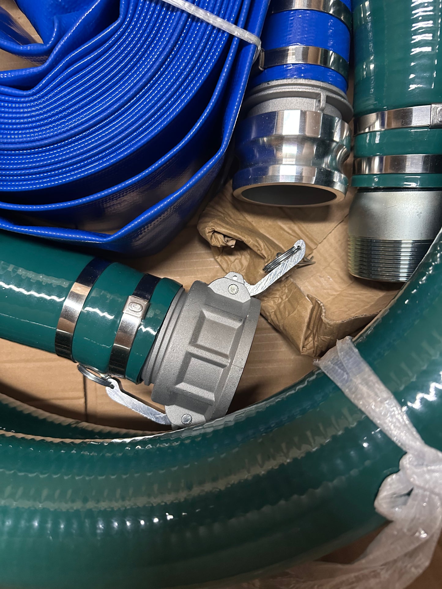 3 Inch Suction Hose Pump kit, Includes 3" x 65' Blue PVC Backwash Hose, 3" x 20' Green PVC Suction Hose, Steel Round Hole Suction Strainer, Cam and Groove Adapter (G881)