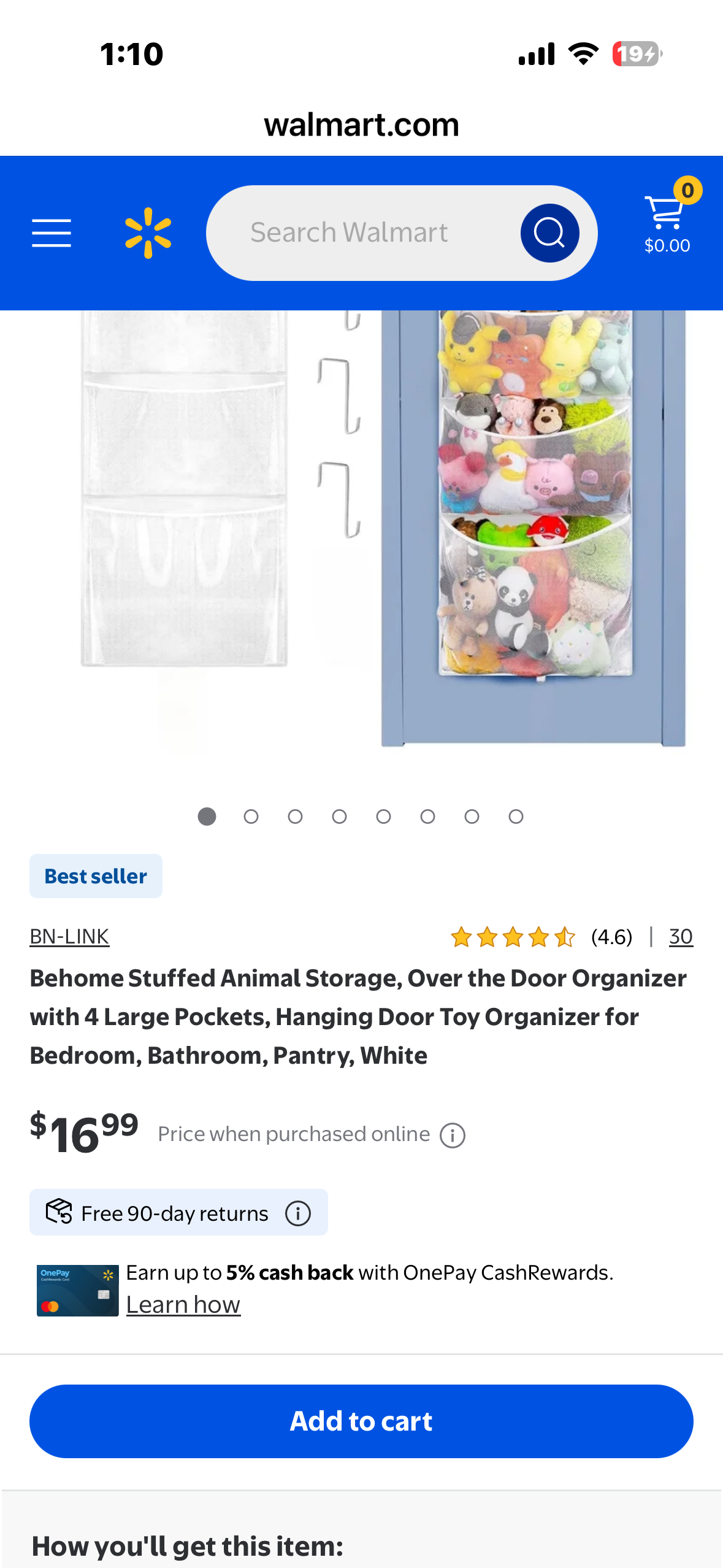 Stuffed Animal Storage, Over the Door Organizer with 4 Large Pockets, Hanging Door Toy Organizer for Bedroom, Bathroom, Pantry, White