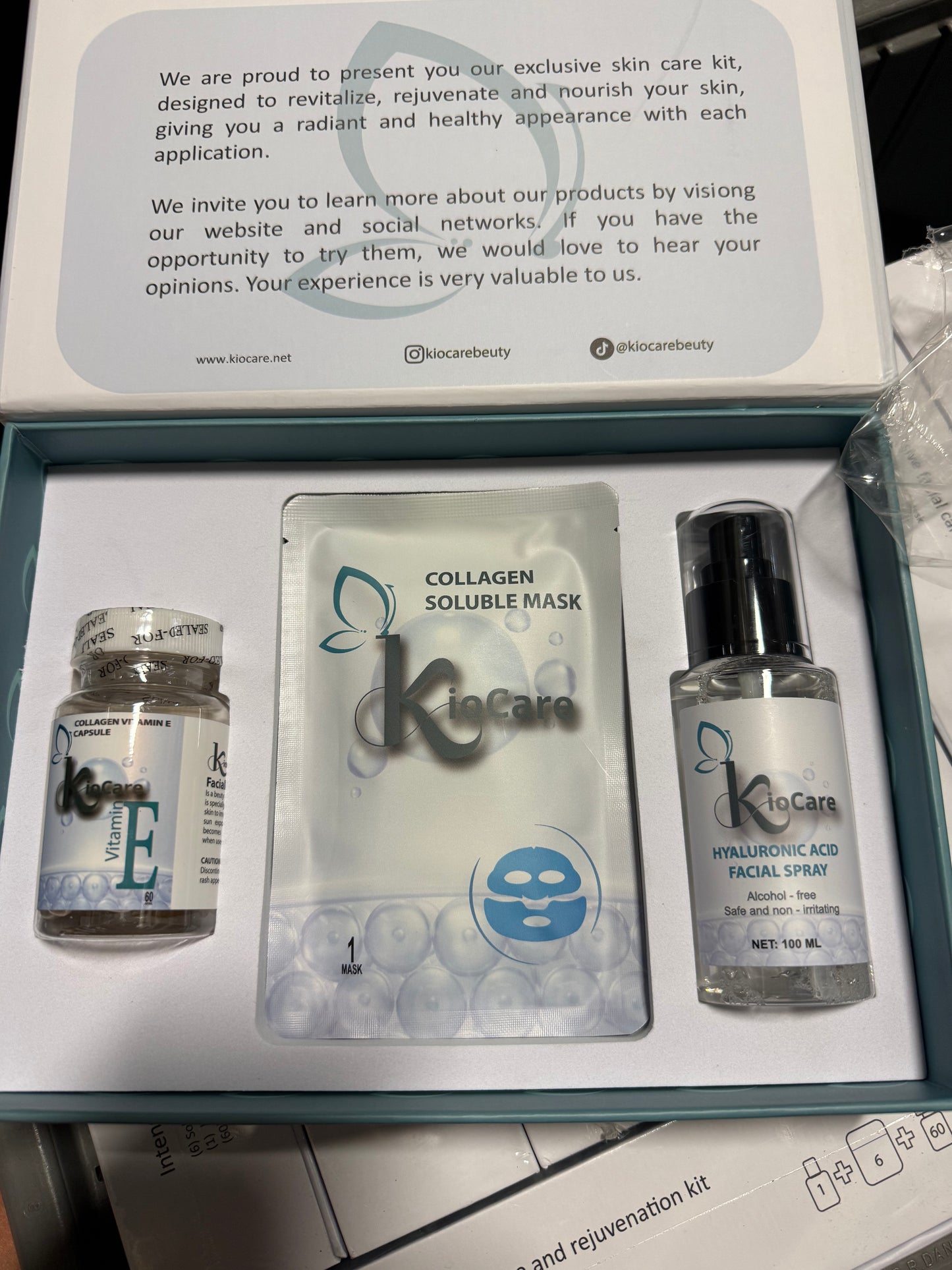 3-piece KioCare skincare gift set containing:  * Collagen + Vitamin E capsules (60 count) * Collagen soluble sheet mask * Hyaluronic Acid facial spray (100 mL)