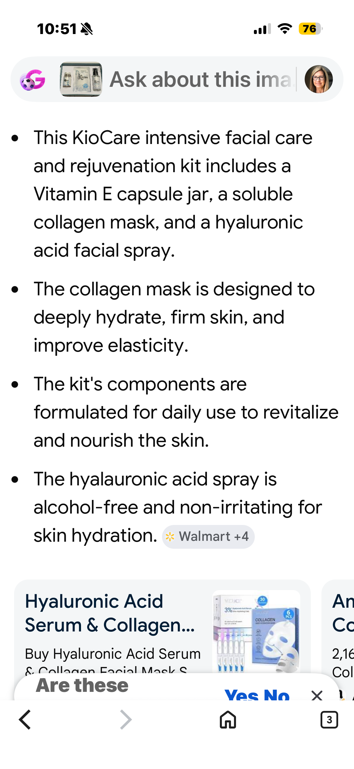 3-piece KioCare skincare gift set containing:  * Collagen + Vitamin E capsules (60 count) * Collagen soluble sheet mask * Hyaluronic Acid facial spray (100 mL)