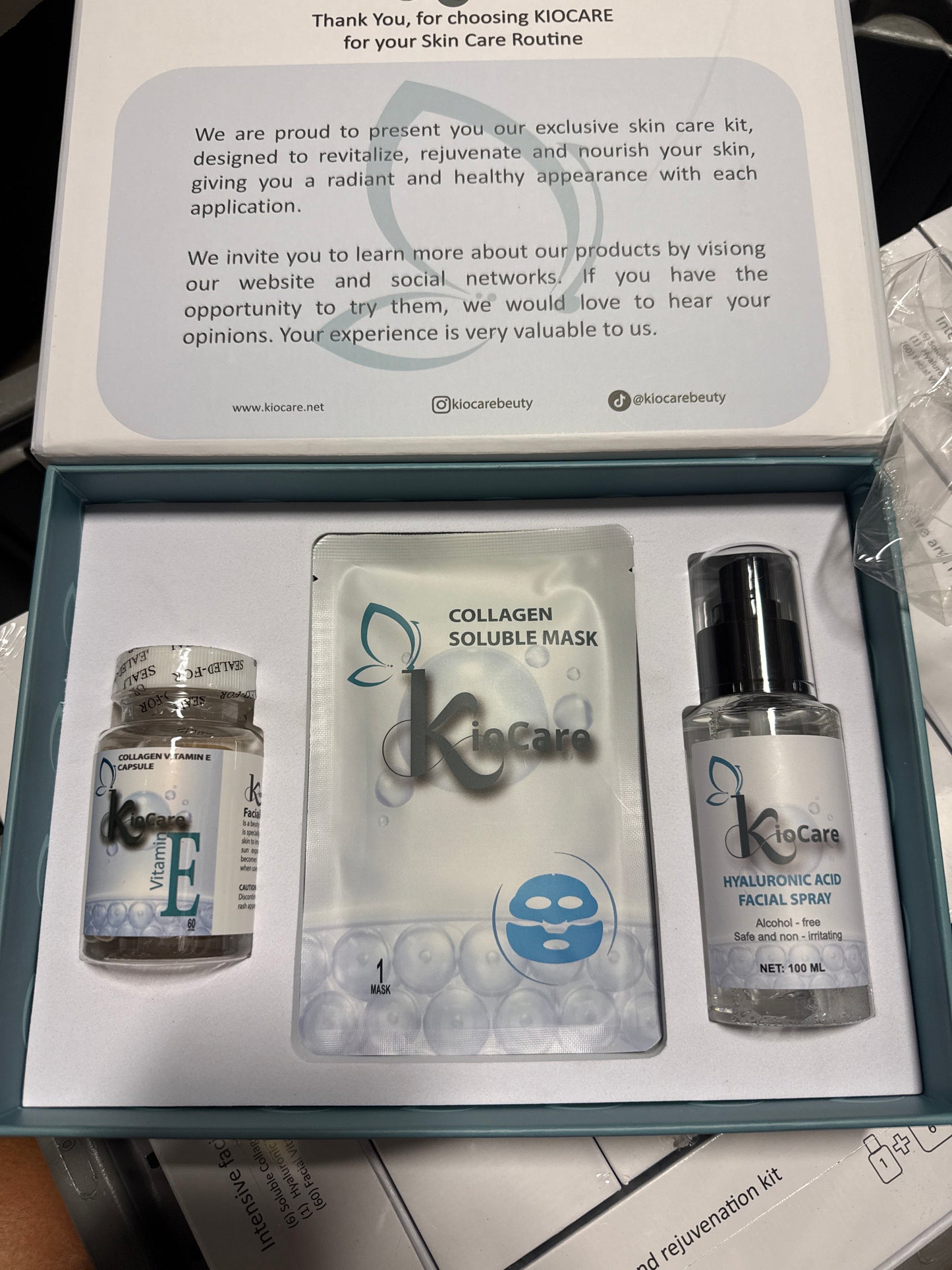 3-piece KioCare skincare gift set containing:  * Collagen + Vitamin E capsules (60 count) * Collagen soluble sheet mask * Hyaluronic Acid facial spray (100 mL)
