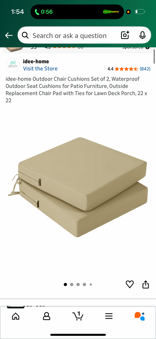 idee-home Outdoor Chair Cushions Set of 2, Waterproof Outdoor Seat Cushions for Patio Furniture, Outside Replacement Chair Pad with Ties for Lawn Deck Porch, 22 x 22