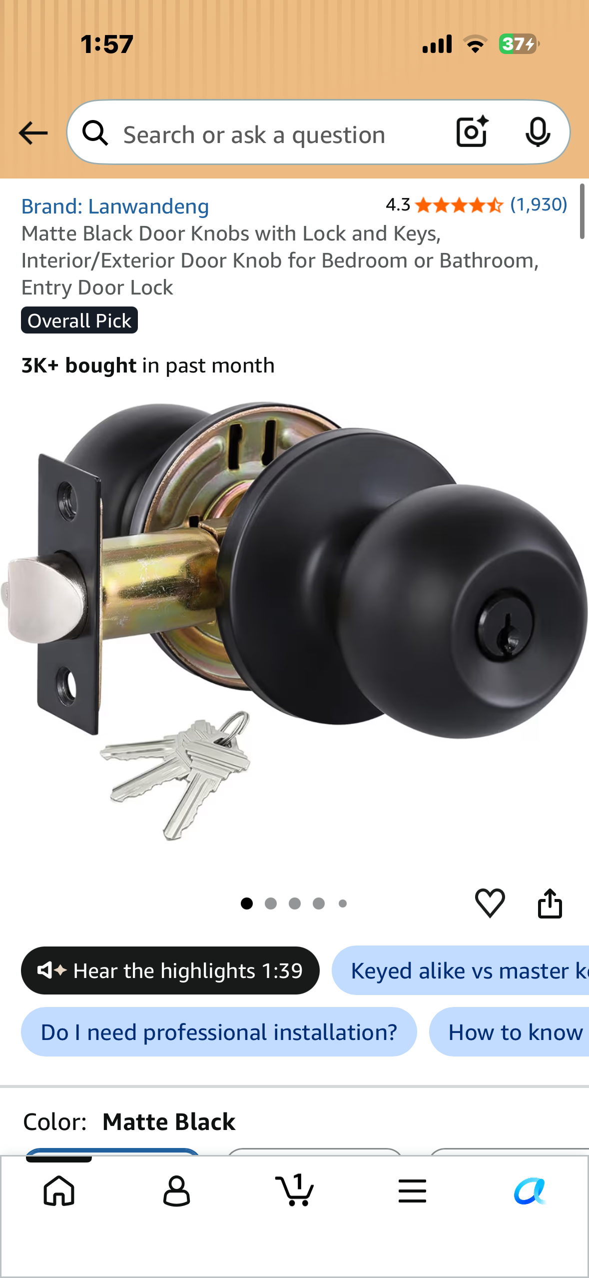 Matte Black Door Knobs with Lock and Keys, Interior/Exterior Door Knob for Bedroom or Bathroom, Entry Door Lock