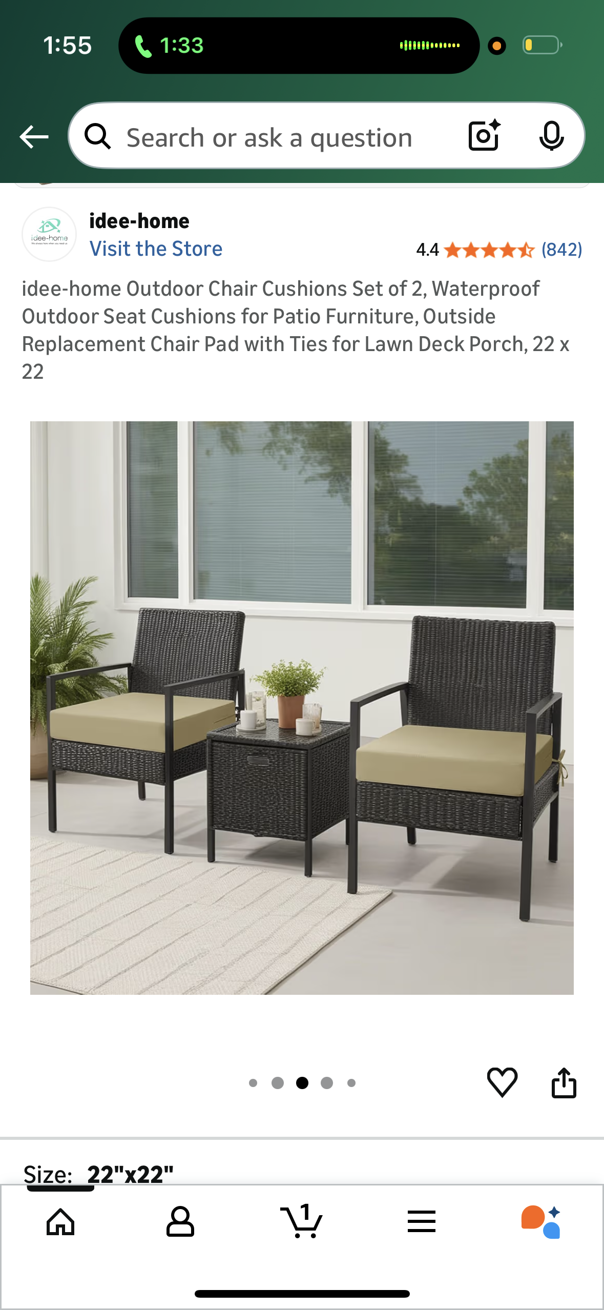 idee-home Outdoor Chair Cushions Set of 2, Waterproof Outdoor Seat Cushions for Patio Furniture, Outside Replacement Chair Pad with Ties for Lawn Deck Porch, 22 x 22