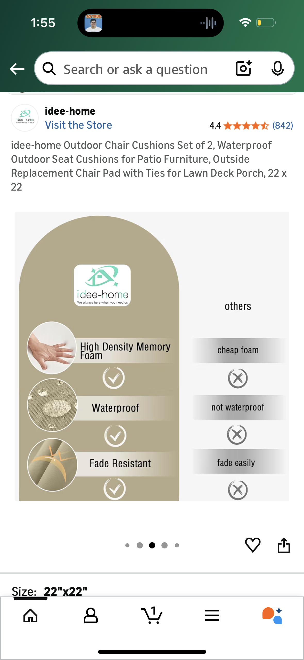 idee-home Outdoor Chair Cushions Set of 2, Waterproof Outdoor Seat Cushions for Patio Furniture, Outside Replacement Chair Pad with Ties for Lawn Deck Porch, 22 x 22