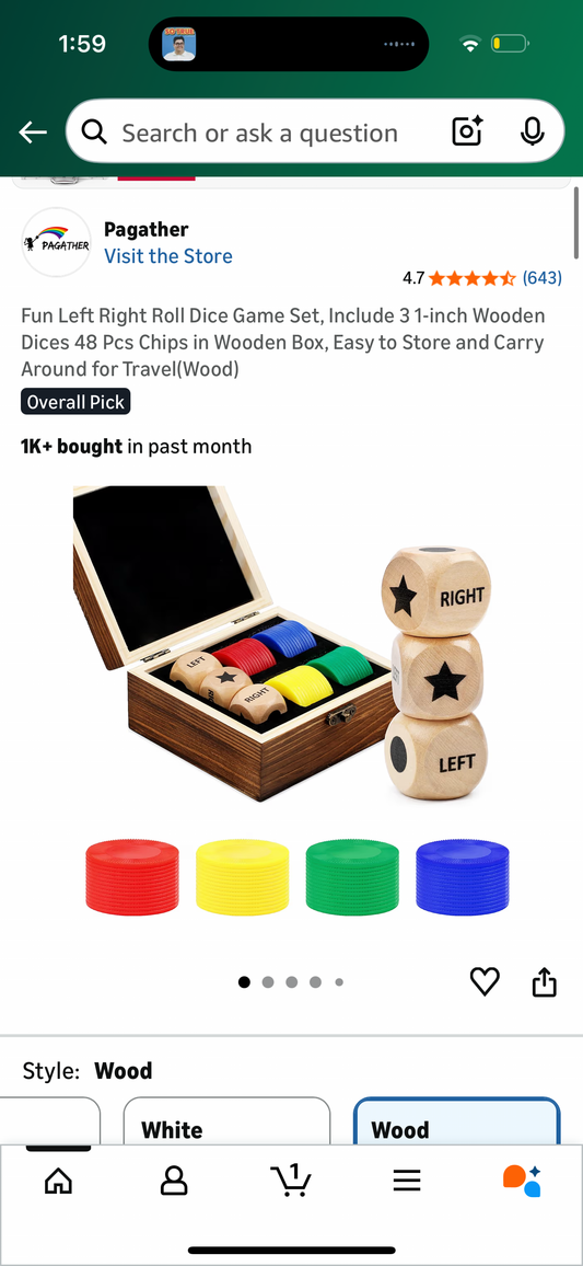 Fun Left Right Roll Dice Game Set, Include 3 1-inch Wooden Dices 48 Pcs Chips in Wooden Box, Easy to Store and Carry Around for Travel(Wood)