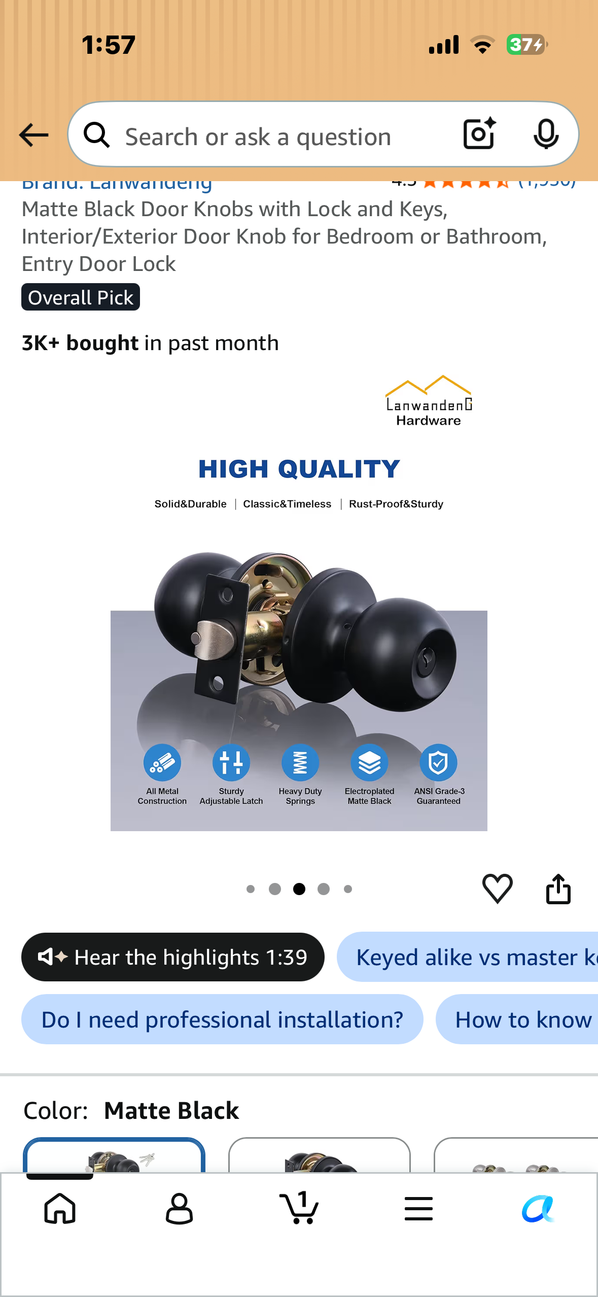 Matte Black Door Knobs with Lock and Keys, Interior/Exterior Door Knob for Bedroom or Bathroom, Entry Door Lock