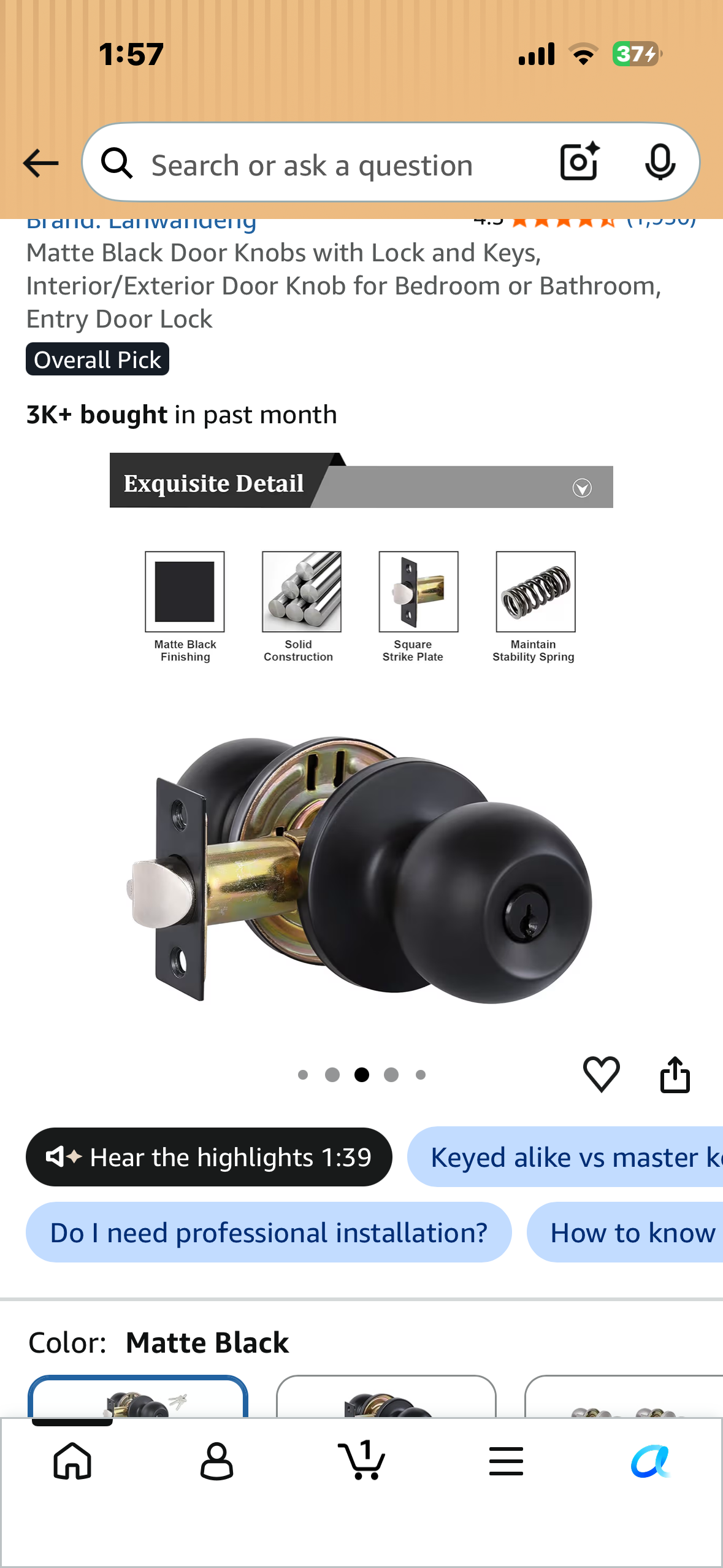 Matte Black Door Knobs with Lock and Keys, Interior/Exterior Door Knob for Bedroom or Bathroom, Entry Door Lock