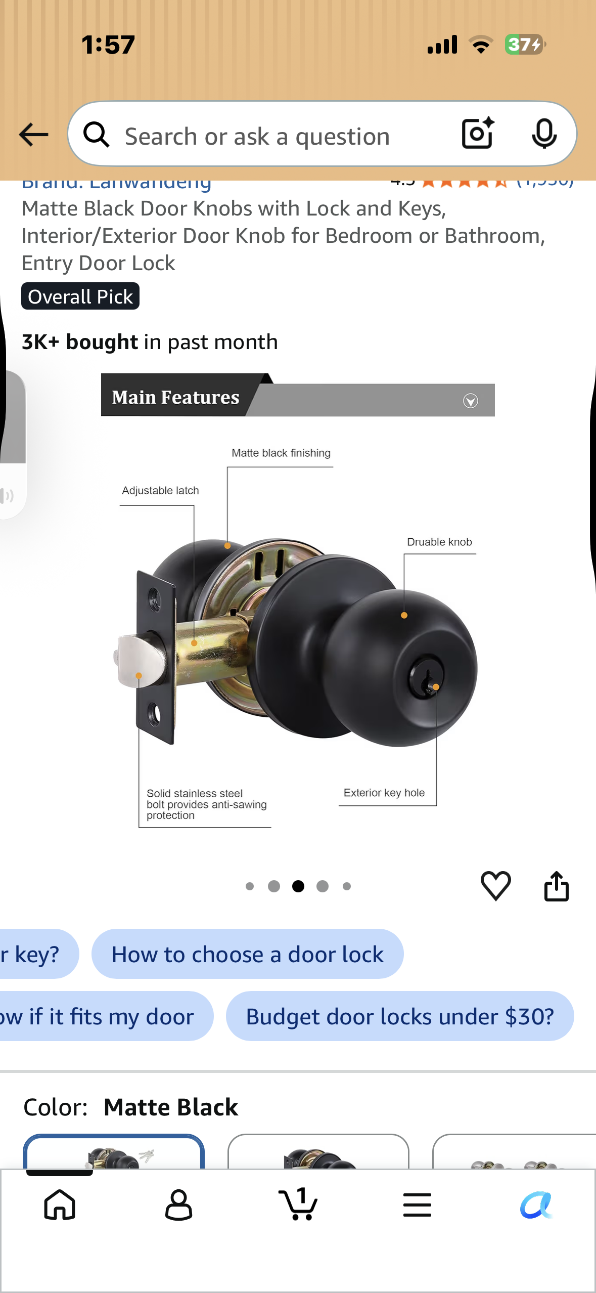 Matte Black Door Knobs with Lock and Keys, Interior/Exterior Door Knob for Bedroom or Bathroom, Entry Door Lock