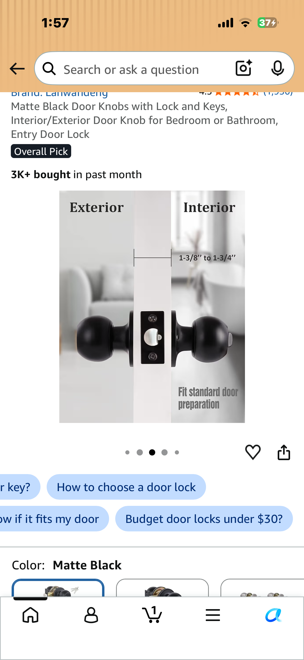 Matte Black Door Knobs with Lock and Keys, Interior/Exterior Door Knob for Bedroom or Bathroom, Entry Door Lock