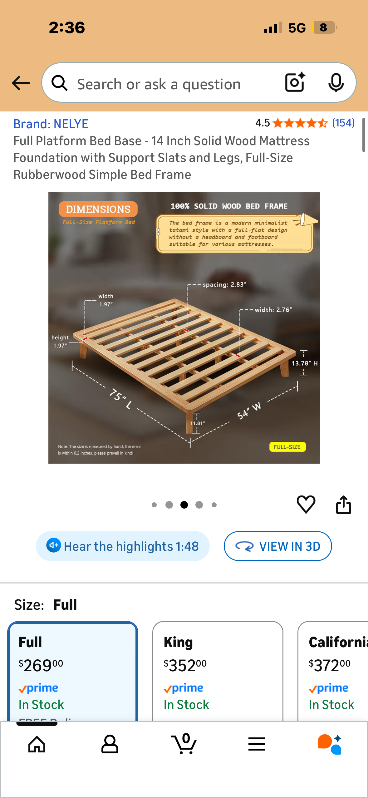 Full Platform Bed Base - 14” Solid Wood Mattress Foundation with Support Slats and Legs, Full-Size Rubberwood Simple Bed Frame (B1194)