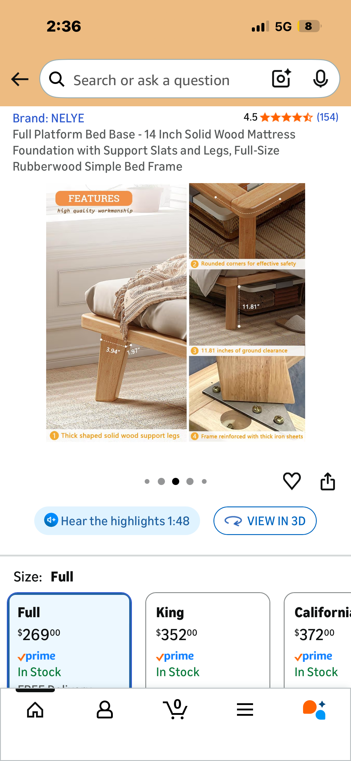 Full Platform Bed Base - 14” Solid Wood Mattress Foundation with Support Slats and Legs, Full-Size Rubberwood Simple Bed Frame (B1194)