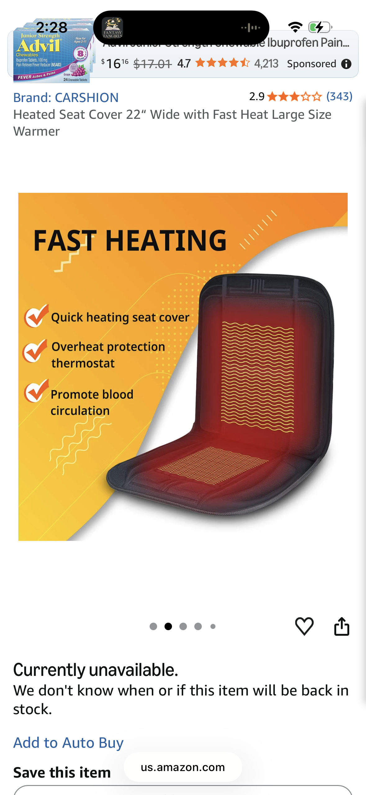 CARSHION Heated Seat Cover 22“ Wide with Fast Heat Large Size Warmer