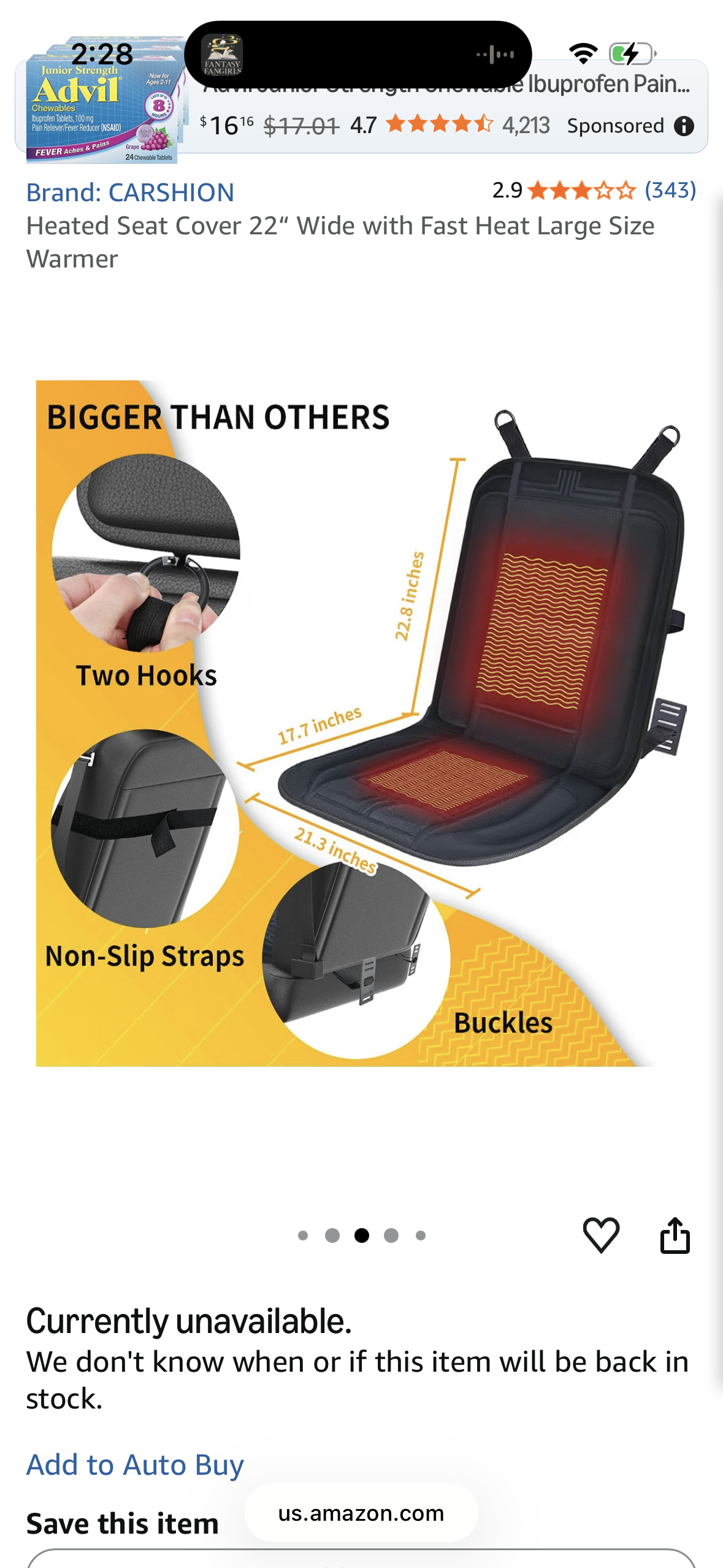CARSHION Heated Seat Cover 22“ Wide with Fast Heat Large Size Warmer