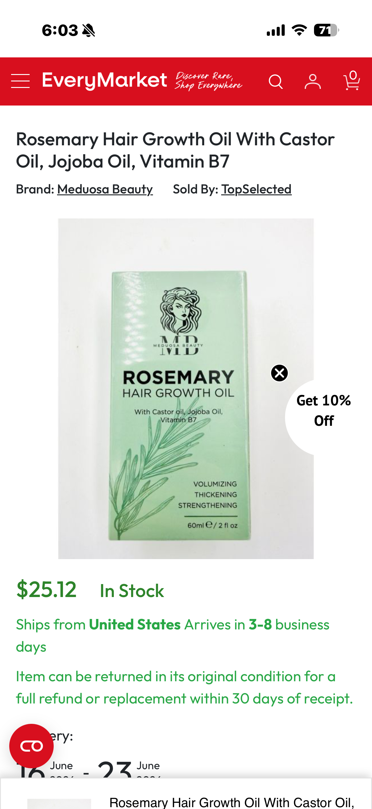 Rosemary Hair Growth Oil With Castor Oil, Jojoba Oil, Vitamin B7