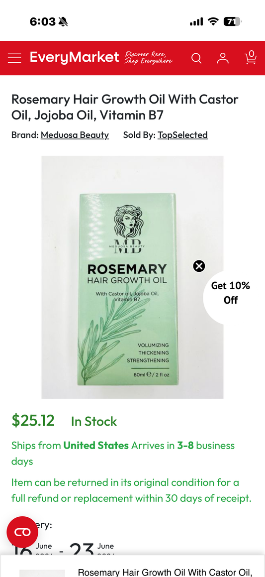 Rosemary Hair Growth Oil With Castor Oil, Jojoba Oil, Vitamin B7