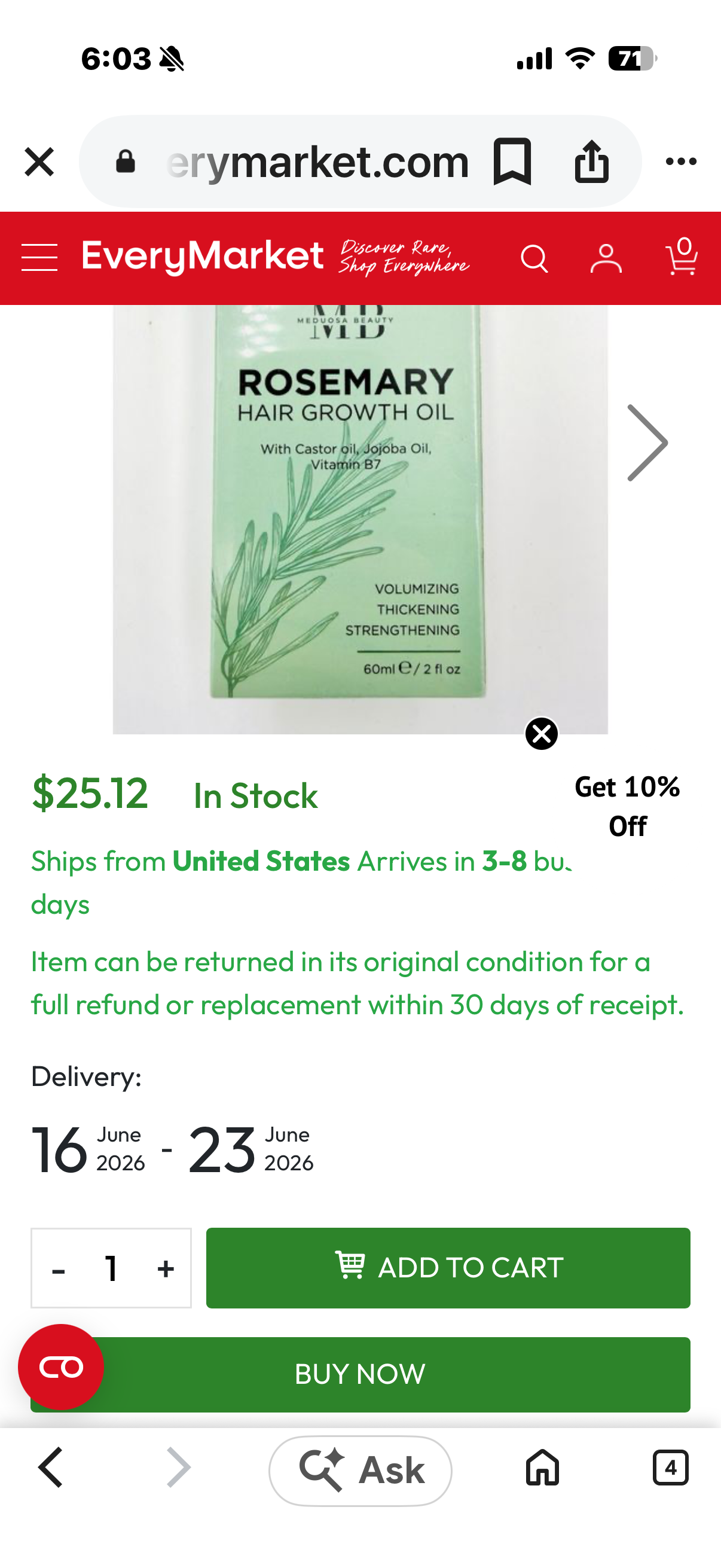 Rosemary Hair Growth Oil With Castor Oil, Jojoba Oil, Vitamin B7