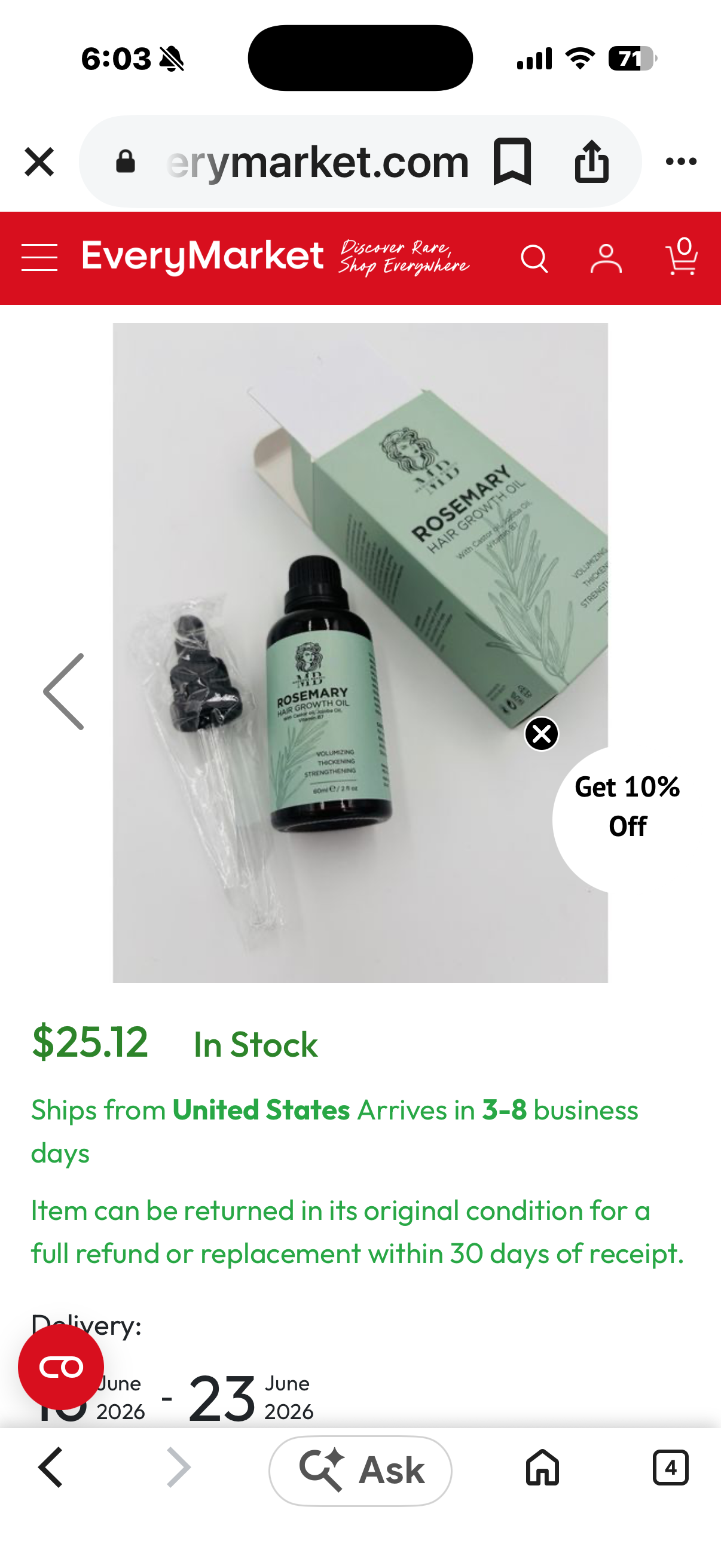 Rosemary Hair Growth Oil With Castor Oil, Jojoba Oil, Vitamin B7