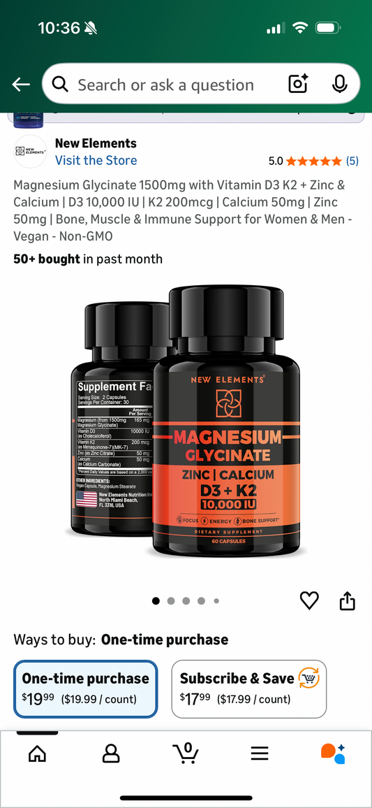 ‼️2 for $5‼️ Magnesium Glycinate 1500mg with Vitamin D3 K2 + Zinc & Calcium | D3 10,000 IU | K2 200mcg | Calcium 50mg | Zinc 50mg | Bone, Muscle & Immune Support for Women & Men - Vegan - Non-GMO