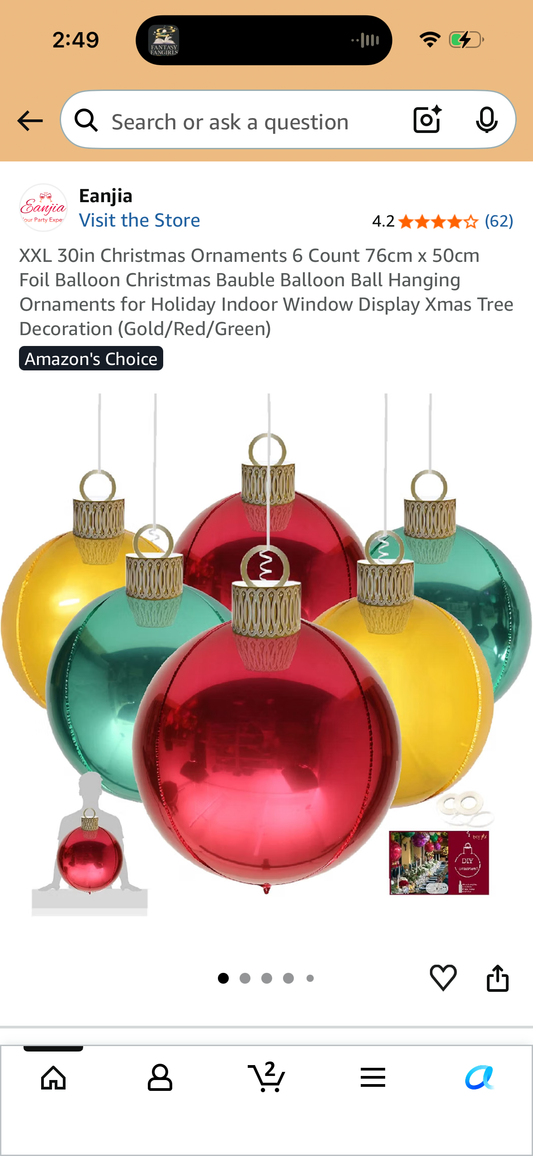 XXL 30in Christmas Ornaments 6 Count 76cm x 50cm Foil Balloon Christmas Bauble Balloon Ball Hanging Ornaments for Holiday Indoor Window Display Xmas Tree Decoration (Gold/Red/Green)