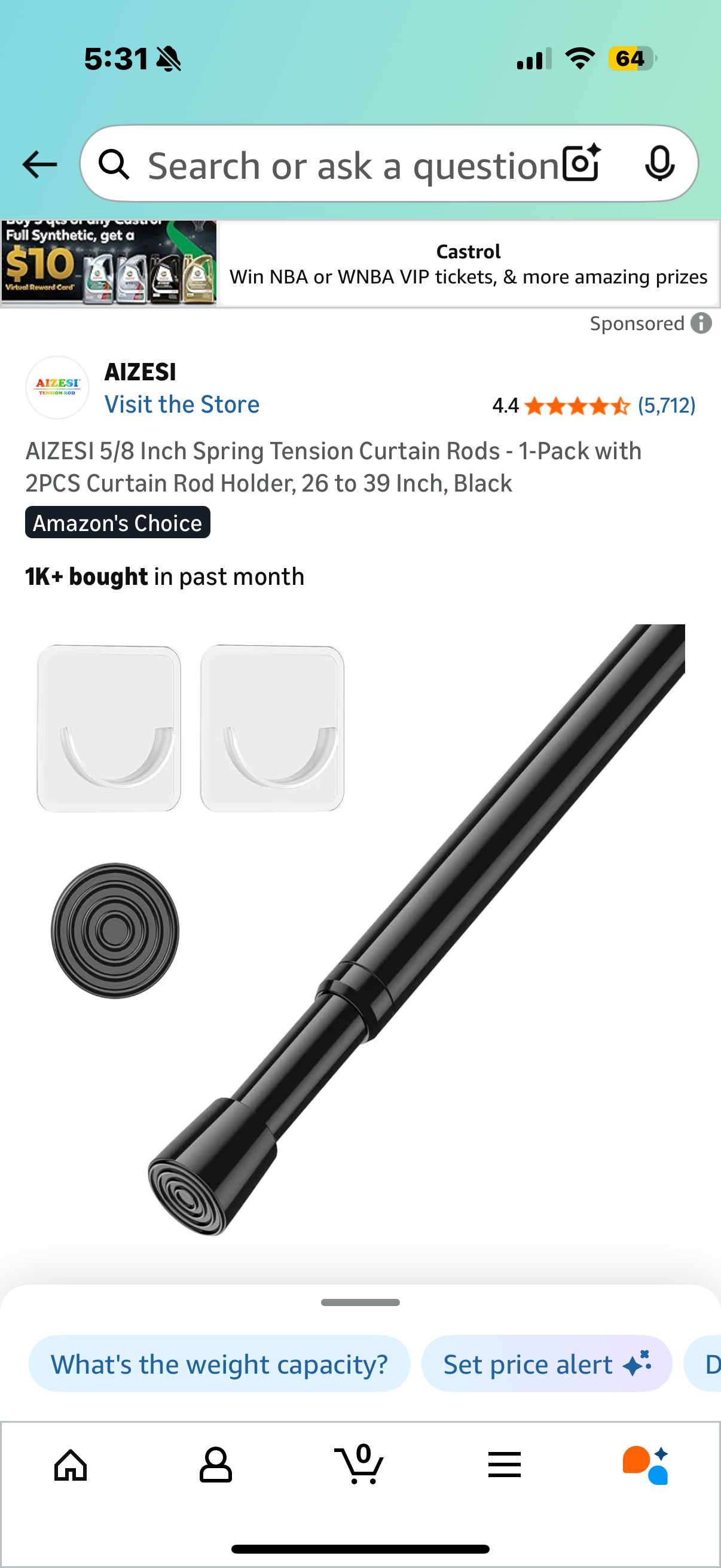 AIZESI 5/8 Inch Spring Tension Curtain Rods - 1-Pack with 2PCS Curtain Rod Holder, 26 to 39 Inch, Black