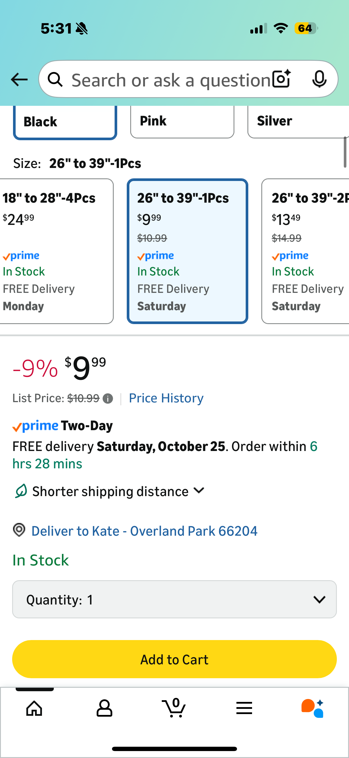 AIZESI 5/8 Inch Spring Tension Curtain Rods - 1-Pack with 2PCS Curtain Rod Holder, 26 to 39 Inch, Black
